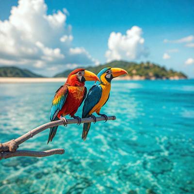The image features two colorful birds perched on a branch overlooking a body of water. The birds are positioned close to each other, creating a sense of companionship. The scene is set against a backdrop of a beach, adding to the overall atmosphere of the image. The visual style of the image is a photo, capturing the vibrant colors and details of the birds and their surroundings.